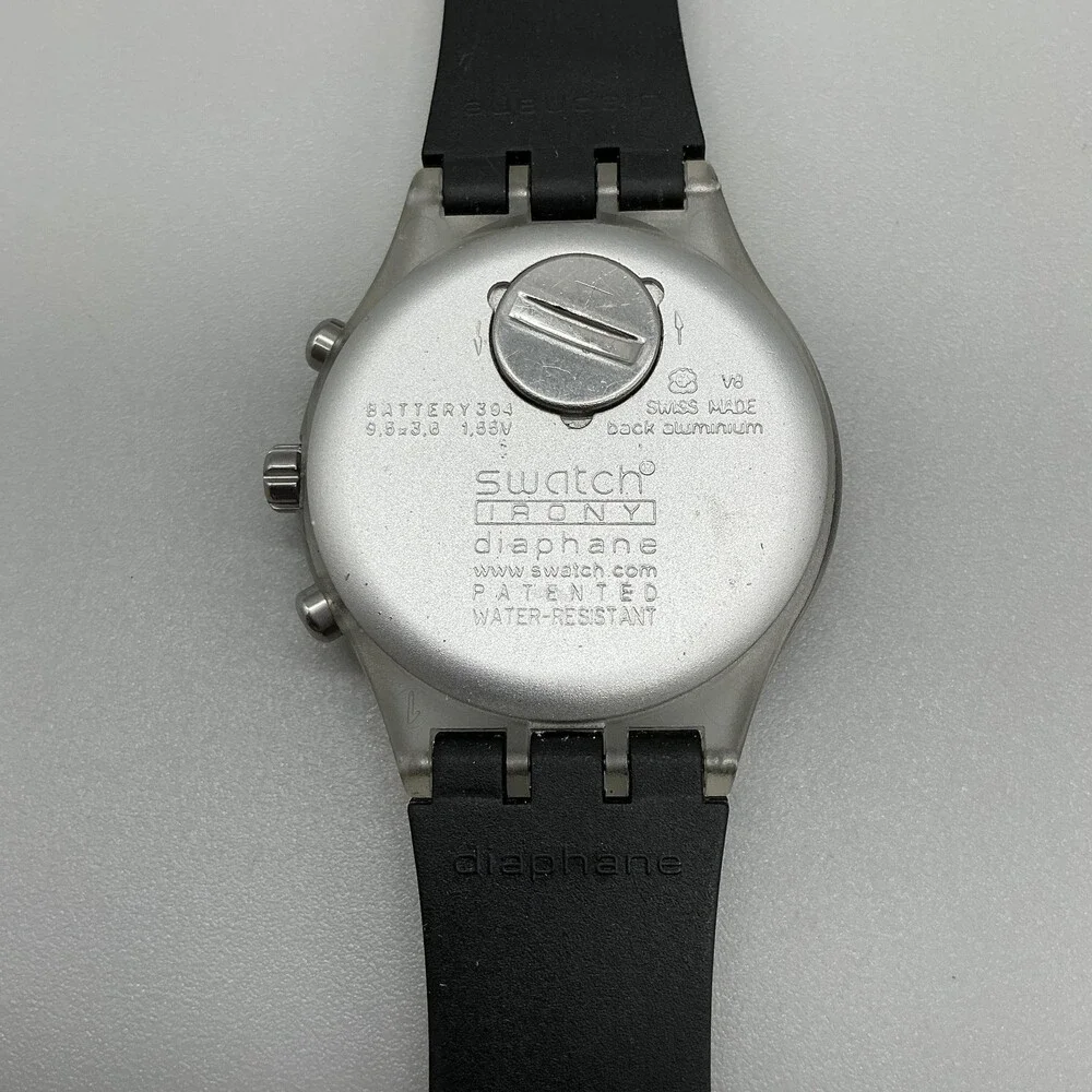 Swatch Irony Diaphane Athens 2004 Mens Watch 42mm Black Chronograph New Battery